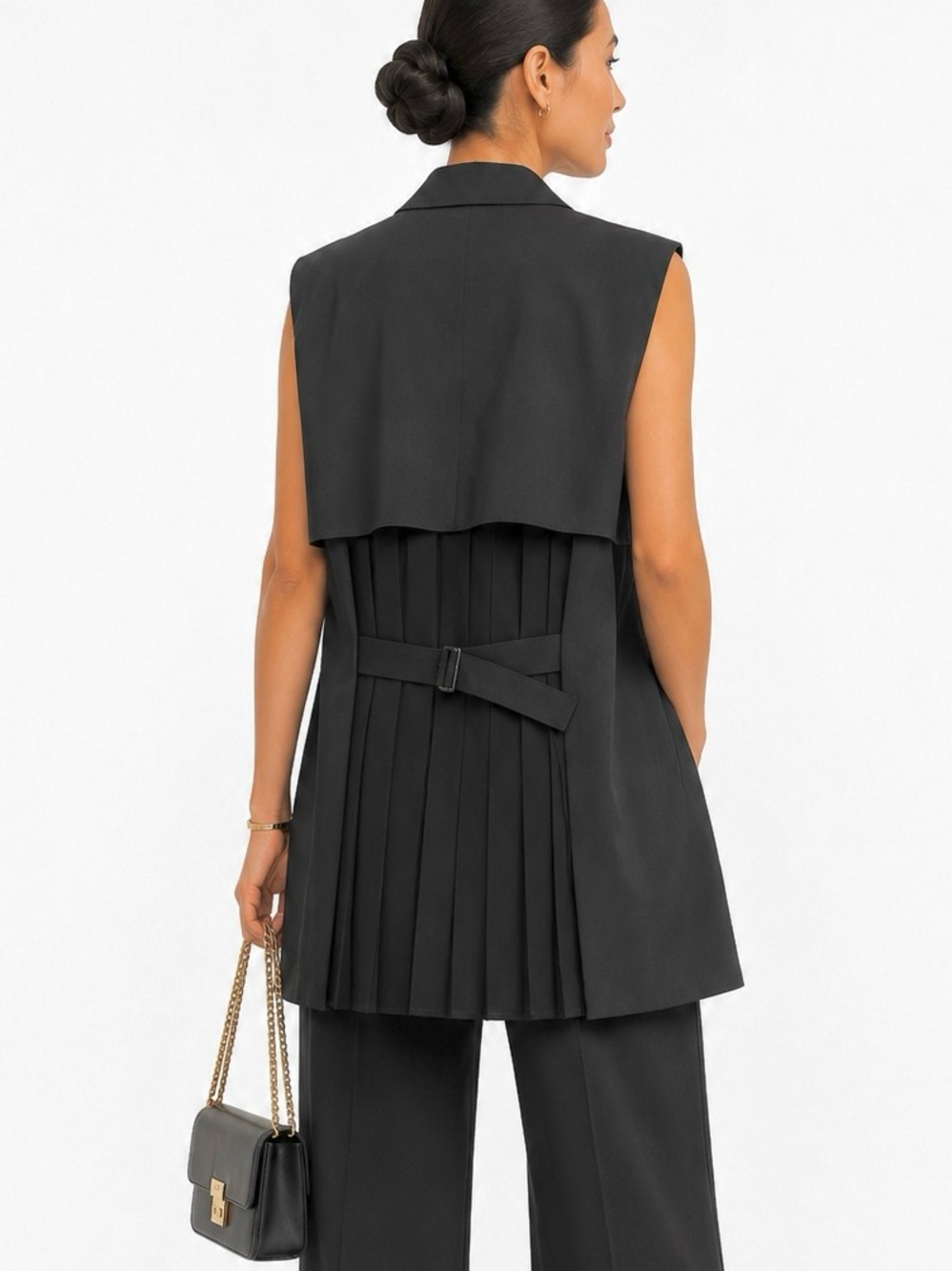 TIBI Wool Silk Black Sleeveless Blazer Vest pleated sheer back luxury S oversize